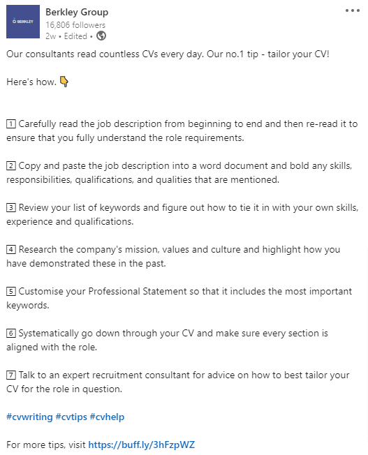 Example of a text-only post on LinkedIn