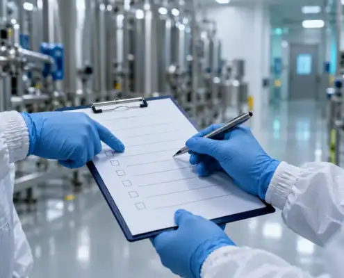 AI-generated illustration of gloved professionals reviewing a checklist in a pharmaceutical setting.
