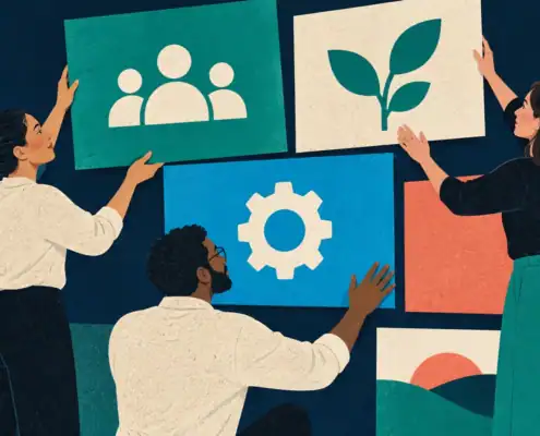 Editorial illustration of colleagues arranging panels representing team capabilities.