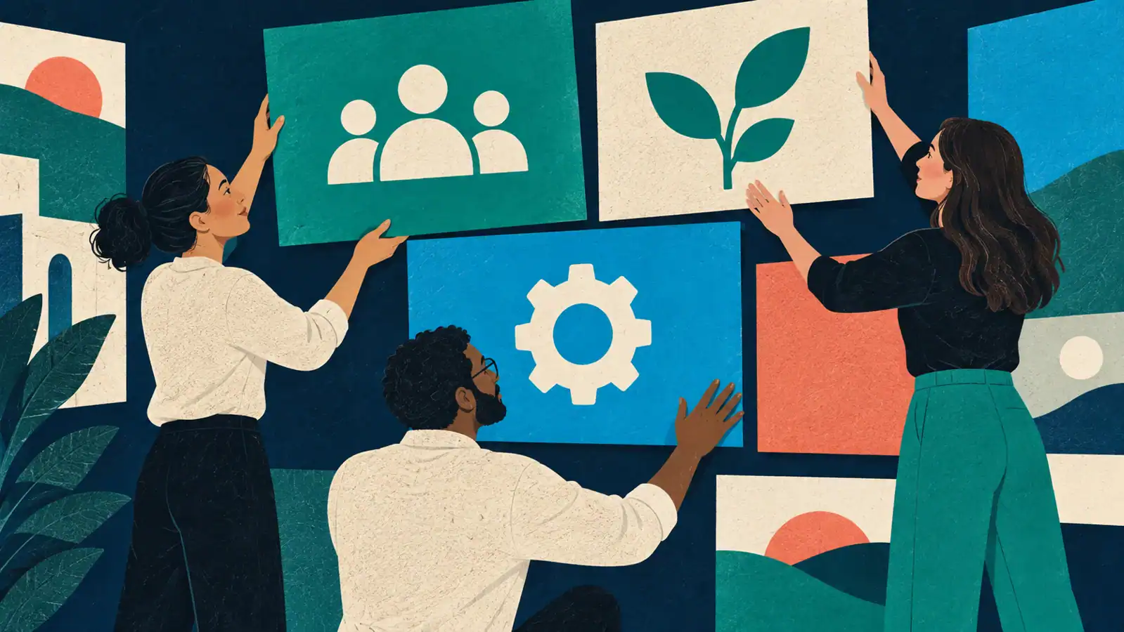 Editorial illustration of colleagues arranging panels representing team capabilities.