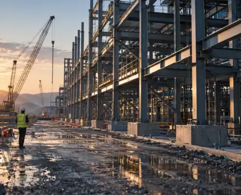 AI-generated illustration of an engineer beside an industrial construction project at sunrise.