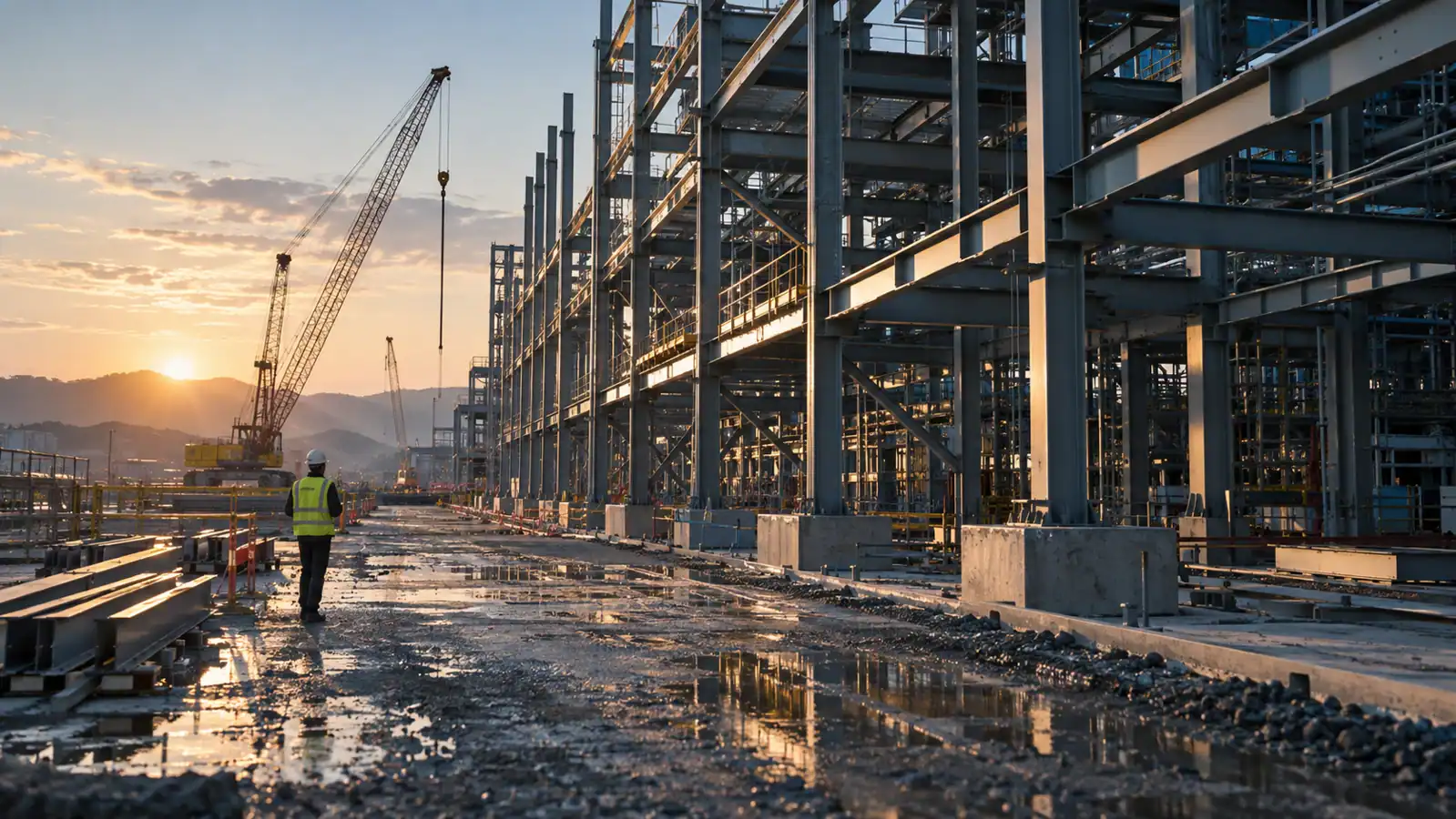 AI-generated illustration of an engineer beside an industrial construction project at sunrise.
