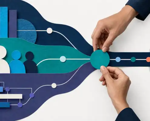 Editorial collage showing business workstreams converging into a coordinated delivery path.