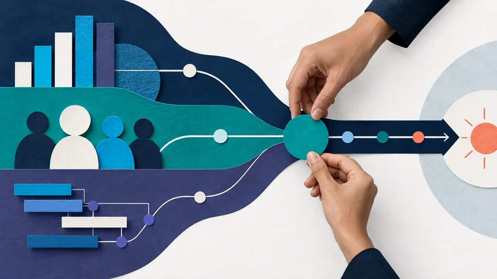 Editorial collage showing business workstreams converging into a coordinated delivery path.
