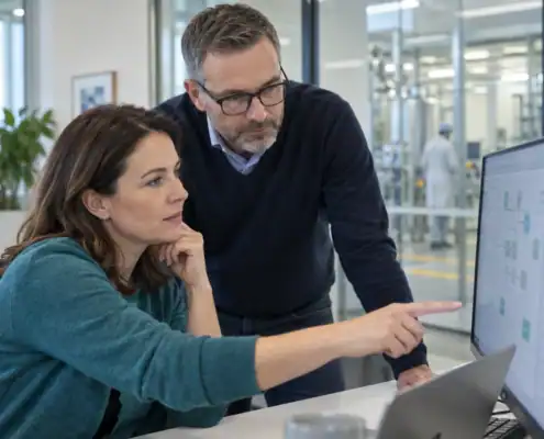 Two specialists reviewing a workflow on a desktop monitor in a modern technical office.