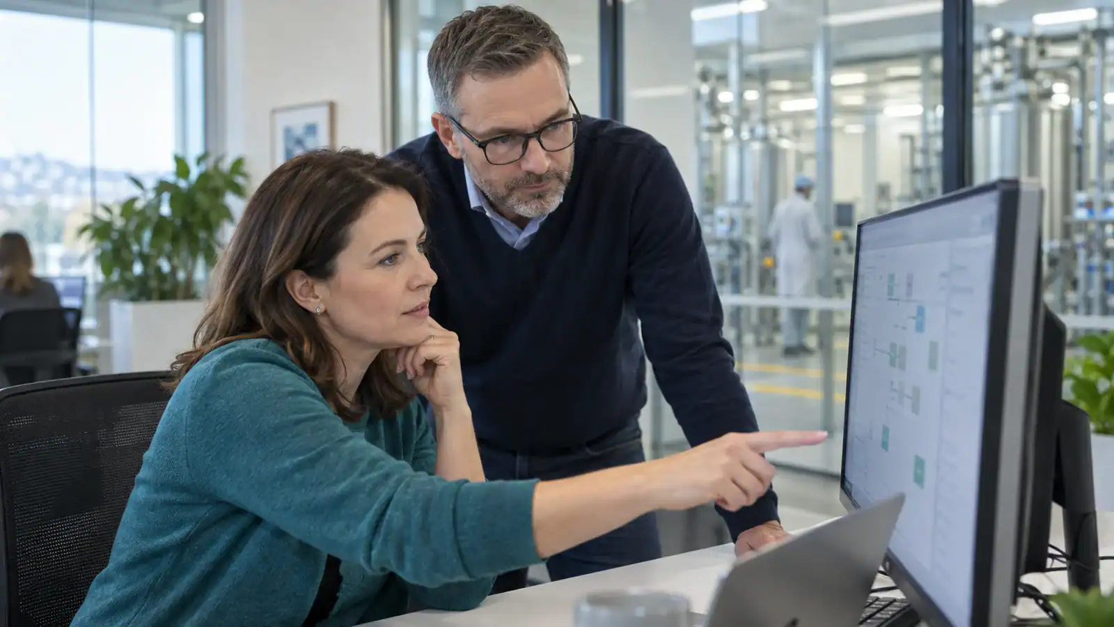 Two specialists reviewing a workflow on a desktop monitor in a modern technical office.