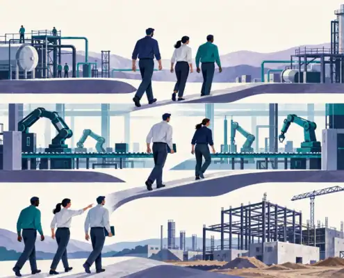 Editorial illustration of engineers connecting three industrial project phases