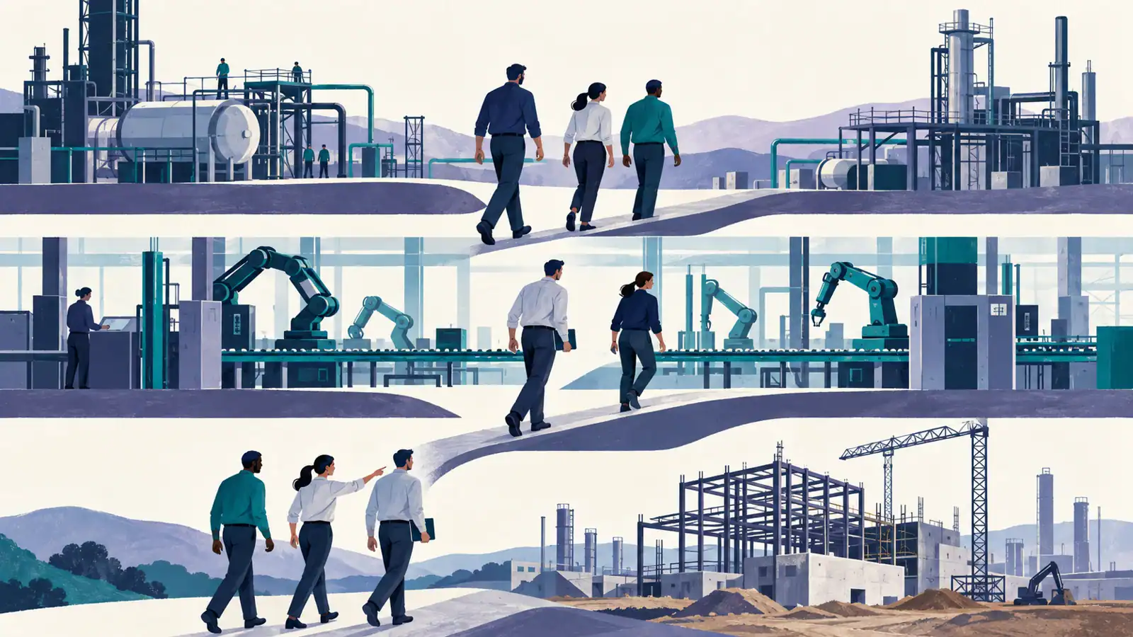 Editorial illustration of engineers connecting three industrial project phases